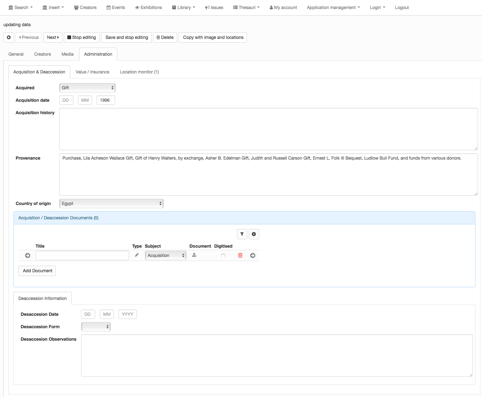 Acquisition data, deaccessioning process and related documents